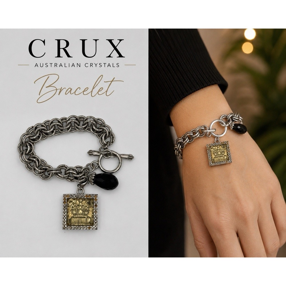 Crux Brand Austrian Crystals Shadow Box Gold Crown "Royal" Silver Charm Bracelet